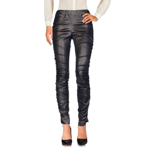 The Row Pants - The Row Orshen Ruched Lambskin Leather Leggings Womens SZ XL Black Quiet Luxury